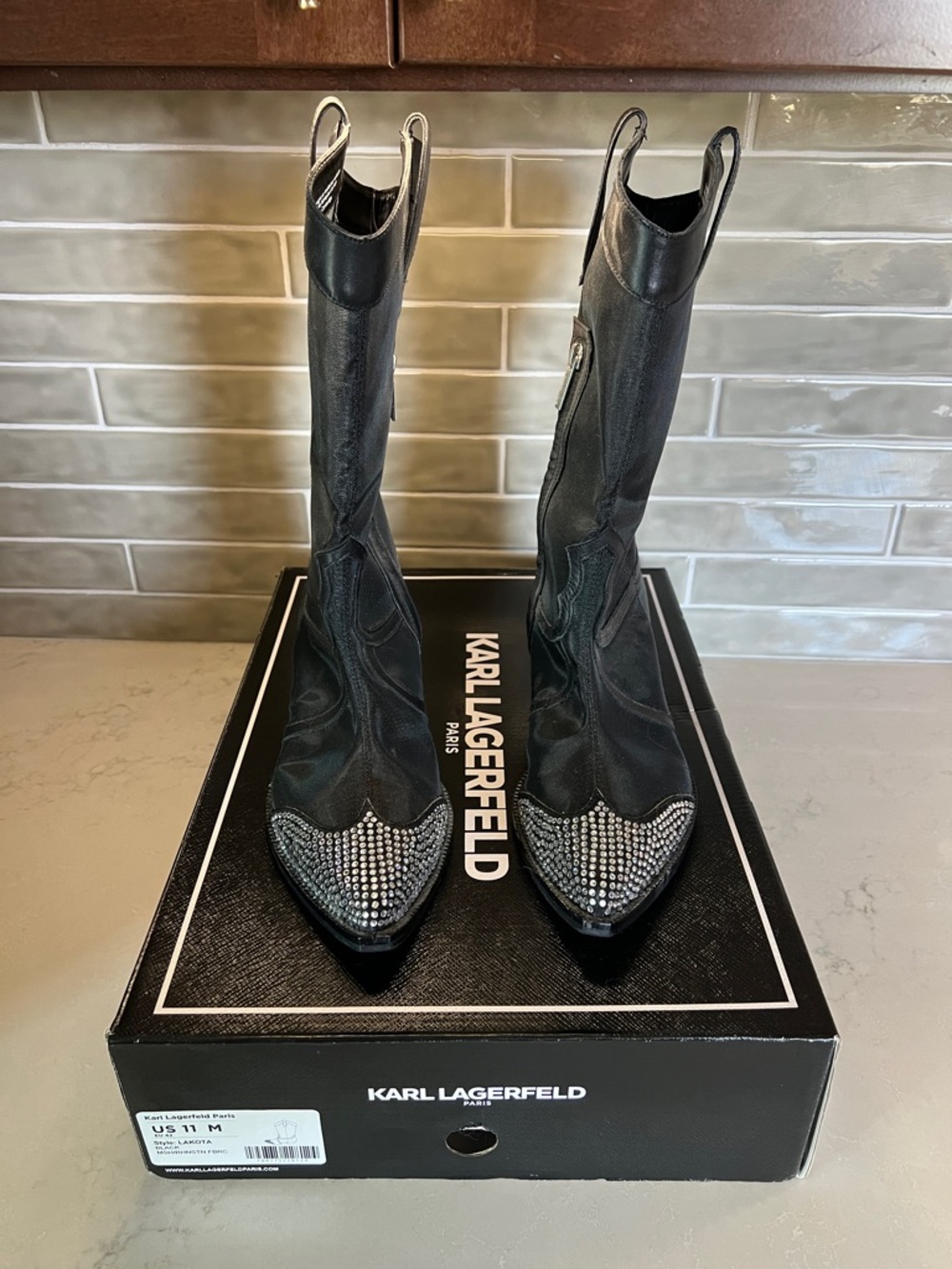 Karl Lagerfeld Lakota Rhinestone Black Mesh Western  Cowboy Boot Studded Toe - Picture 3 of 13